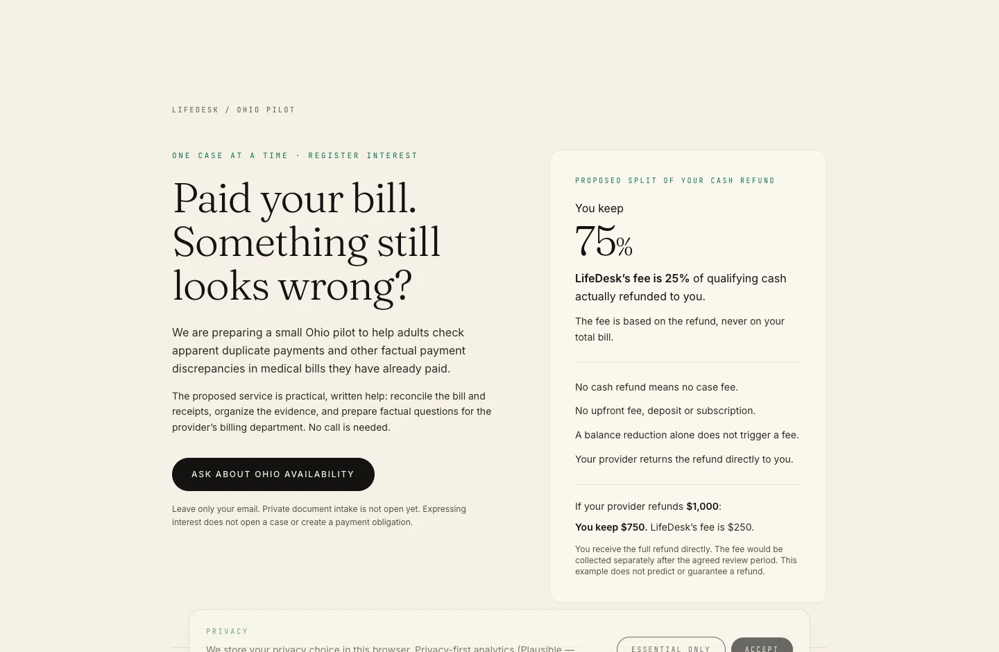 LifeDesk’s public Ohio pilot interest page, explaining payment-discrepancy reviews and proposed service terms.