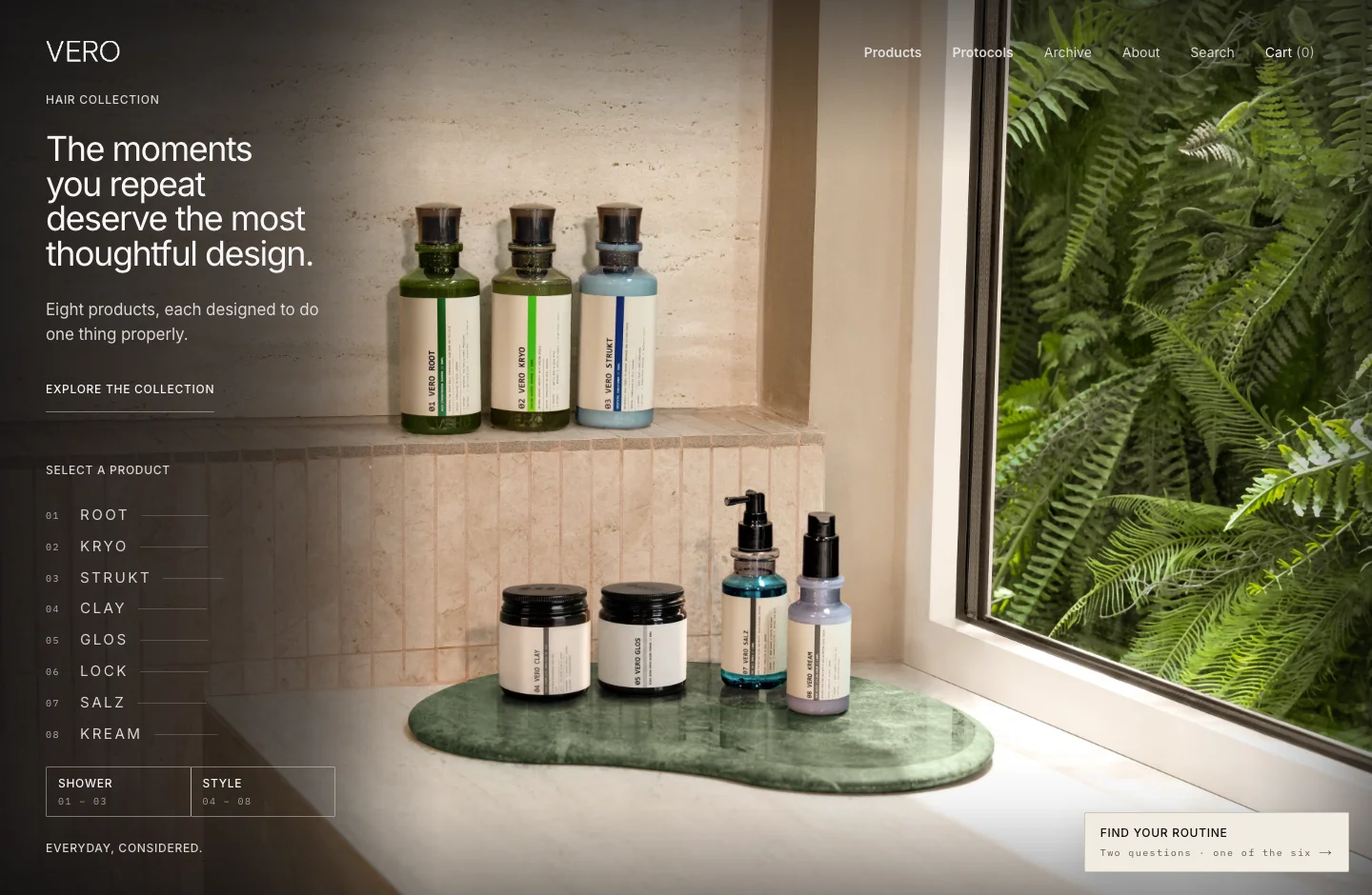VERO’s live haircare storefront with product catalogue, product pages and cart.